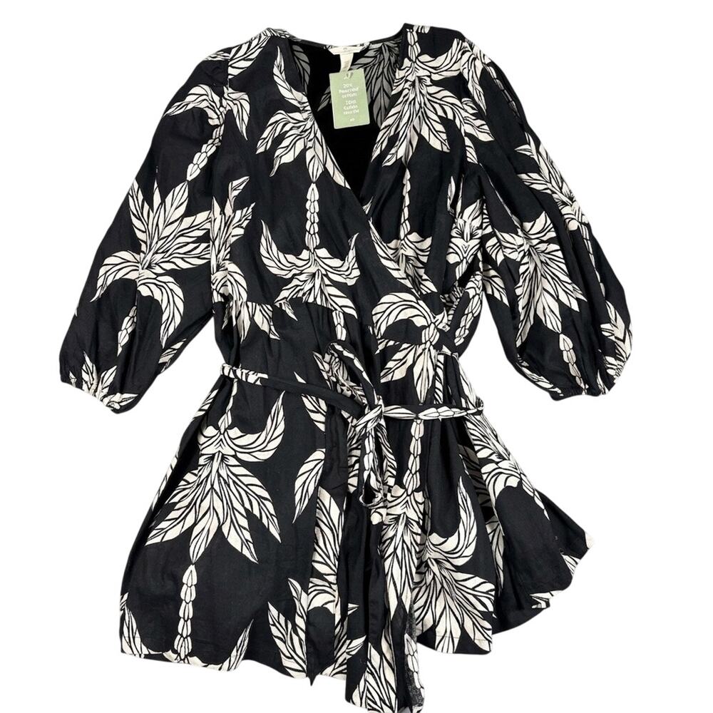 H&M Linen Blend Palm Leaf Wrap Dress NWT XXL Black White Balloon Sleeve Summer